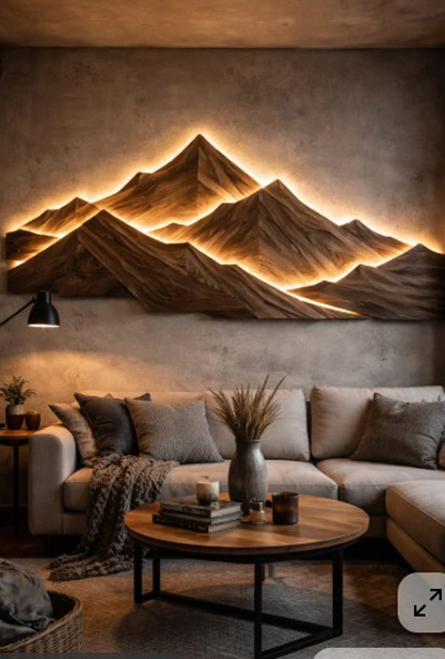 Mural 4D Montañas con Luz — ROBLE AZUL. Técnica: relieve más iluminación LED. Living de lujo en Montevideo.